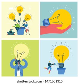 Vector concept illustration business backgrounds of Start Up with light bulbes in the flat style.