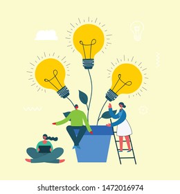 Vector concept illustration business backgrounds of Start Up with light bulbes in the flat style.