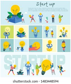 Vector concept illustration business backgrounds of Start Up with light bullbes in the flat style.
