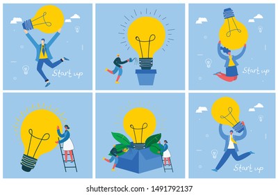 Vector concept illustration business backgrounds of Start Up with light bullbes in the flat style.