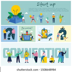 Vector concept illustration business backgrounds of Start Up with light bulbes in the flat style.