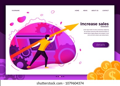 Vector concept illustration - business man with arrow going up, showing profit. Modern bright banner, site template with place for your text.