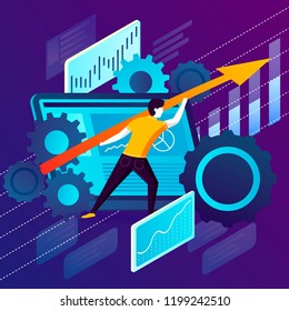 Vector concept illustration - business man with arrow going up, showing profit. Modern bright banner template with place for your text.