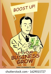 Vector concept illustration - business man WITH MONEY, showing profit. INTAGE bright banner, site template with place for your text.