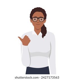 Ilustración de concepto de vector Mujer de negocios que muestra y señala la esquina superior con el pulgar, los consejos de expresión feliz utilizan este espacio de copia. Ilustración de factor aislado sobre fondo blanco