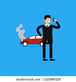 Vector Concept Illustration Of Businessman Calling Insurance Company For Overheat Red Car