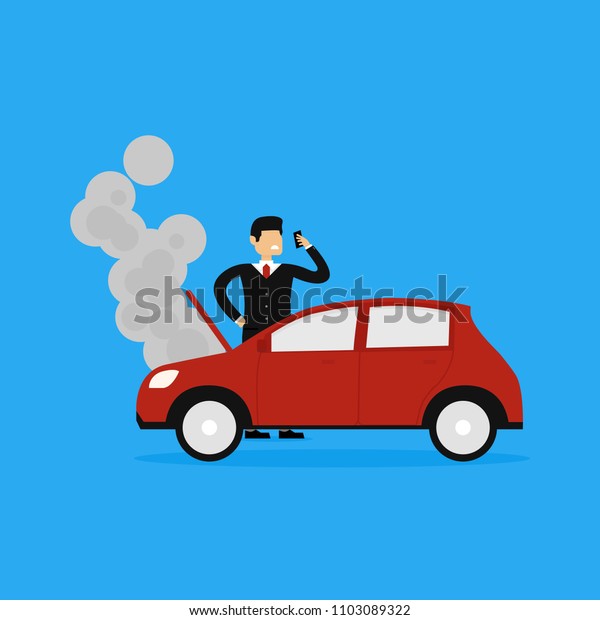 Vector Concept Illustration Of\
Businessman Calling Insurance Company For Overheat Red\
Car