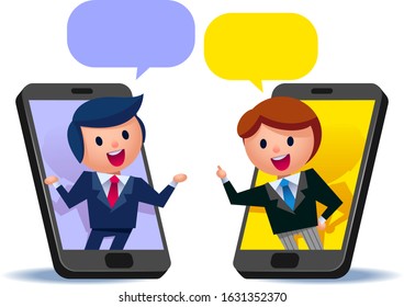 Vector concept illustration of businessman having conversation through smartphone messenger application