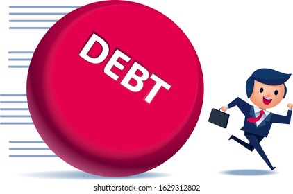 Vector concept illustration of businessman run away from giant debt