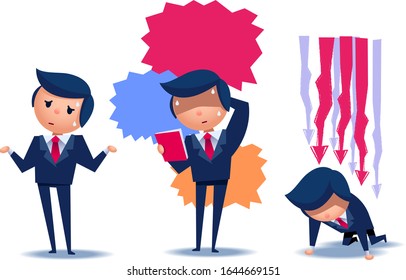 Vector concept illustration of businessman in trouble, failure in different way
