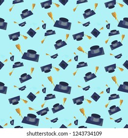 Vector Concept Illustration Cartoon Happy Students. Seamless Image Pattern Set Flying Academic Hat Isolated on Blue Background. Graduation Celebration. Concept Gift Wrapping, Card, Paper bags