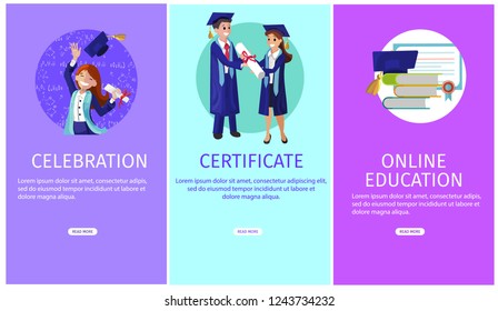 Vector Concept Illustration Cartoon Happy Students. Banner Set vertical Image Topic Celebration, Certificate, Online Education. Textbook and Academic Hat. Guy Gives a Young Girl with Diploma.