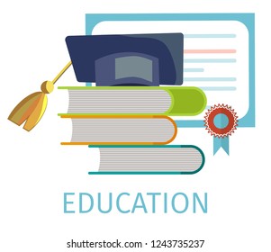 Vector Concept Illustration Cartoon Happy Students. Image Educational Book and Academic Hat, Diploma with Seal. Set Textbook Student National University. Isolated on White Background