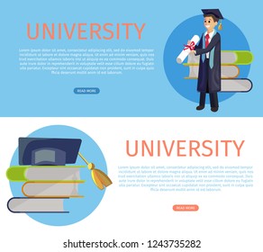 Vector Concept Illustration Cartoon Happy Students. Banner Image Set Web Page Concept University. Textbook, Academic Hat. Smiling Student Holding Diploma. On Blue and White Background