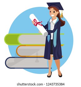 Vector Concept Illustration Cartoon Happy Students. Image Educational Book and Smiling Student Holding Diploma. Young Girl is Graduate University. In Blue Circle is Isolated on White Background