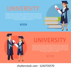 Vector Concept Illustration Cartoon Happy Students. Banner Image Set Web Page Concept University. Smiling Guy Gives Young Girl with Diploma. Young Student Holding Diploma. On Blue, Red Background