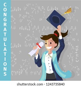 Vector Concept Illustration Cartoon Happy Students. Smiling Young Girl in Black Mantle Congratulations his Classmates with Graduation. Throwing an Academic Hat Up, Holding Diploma in his Hand.