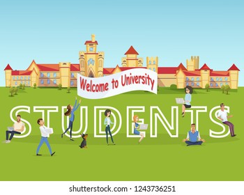 Vector Concept Illustration Cartoon Happy Students. Group People Meet Incoming Students to University Large Banner with Inscription Welcome to University. Green Lawn Background Building Institute