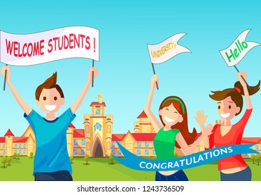 Vector Concept Illustration Cartoon Happy Students. Group Smiling People Meet New Students with Poster and Flag with Inscription Welcome Students! University, Hello, Congratulation