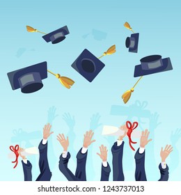 Vector Concept Illustration Cartoon Happy Students. Image Group Students Hand Throwing Up Academic Hat against Sky. Celebrating University Graduation. Happy Graduates Prestigious Institute