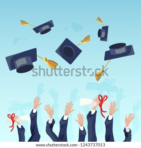 Vector Concept Illustration Cartoon Happy Students. Image Group Students Hand Throwing Up Academic Hat against Sky. Celebrating University Graduation. Happy Graduates Prestigious Institute
