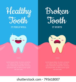 Vector concept illustration with cartoon healthy and ill broken teeth in mouth with gums and place for text