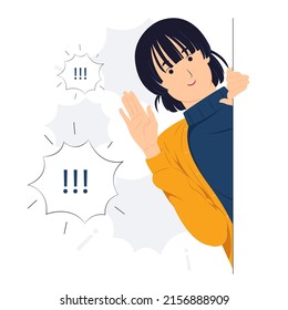 Vector concept illustration Cheerful Woman say hi standing behind a wall while peeking with curiosity, startled, shocked, Surprised, peeping, listening, discovery and Pay attention flat cartoon style