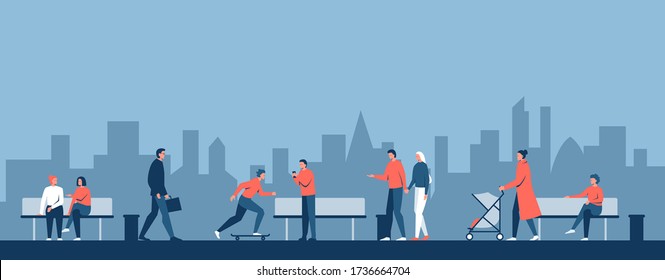 Vector concept illustration of a city park with different people walking around. City alley with cozy and safe atmosphere. Man and woman sitting on the benches. Woman with a pram, young skateboarder
