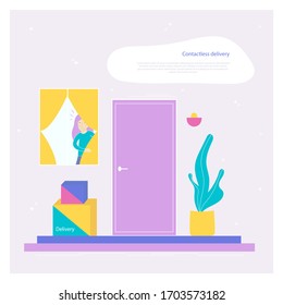 Ilustración conceptual del vector de la entrega sin contacto. Las cajas de pedidos están en la puerta, una chica mirando por la ventana. Banner moderno de estilo plano con espacio para copiar texto.