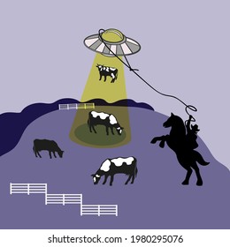 Vector concept illustration of a cowboy catching a flying saucer in a lasso. UFO kidnaps a cow from the field. Night ranch, unidentified flying object. 