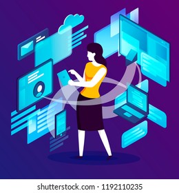 Vector concept illustration -  creative work process, freelance girl with devices. Modern bright banner template with place for your text.