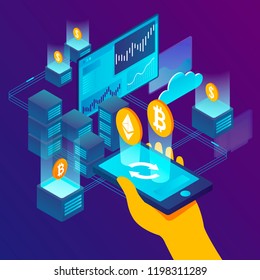 Vector concept illustration -  cryptocurrency exchange, trade process, mans hand holding mobile phone and control money making. Modern bright banner template with place for your text. - Powered by Shutterstock - Get 15% off with code: PIKWIZARD15