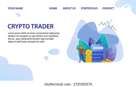 Vector concept illustration -  cryptocurrency fluctuations and forecasting of exchange rates of virtual money bitcoin with calculator  and people,site template with place for your text.