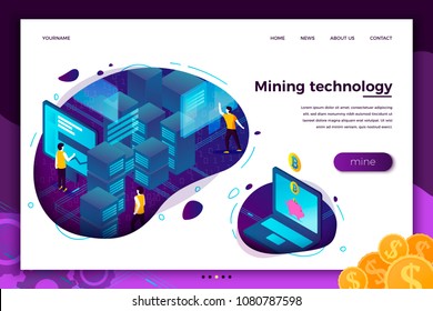 Vector concept illustration -  cryptocurrency mining process, people making money. Modern bright banner, site template with place for your text.