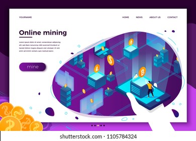 Vector concept illustration -  cryptocurrency mining farm process, mans hand holding mobile phone and control money making. Modern bright banner, site template with place for your text.