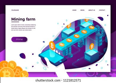 Vector concept illustration -  cryptocurrency mining process, transporter with bitcoins. Modern bright banner, site template with place for your text.