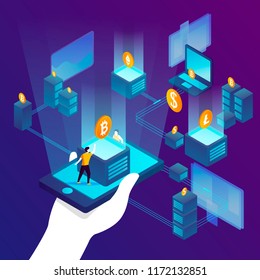 Vector concept illustration -  cryptocurrency mining farm process, mans hand holding mobile phone and control money making. 