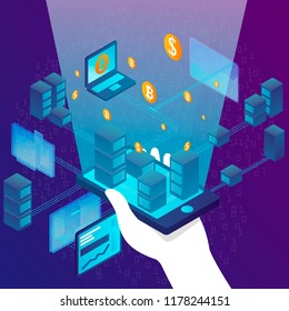 Vector concept illustration -  cryptocurrency mining farm process, mans hand holding mobile phone and control money making. Modern bright banner template with place for your text.