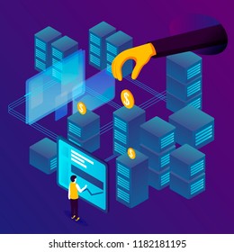 Vector concept illustration -  cryptocurrency mining farm process, mans hand taking money. Modern bright banner template with place for your text.