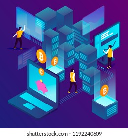 Vector concept illustration -  cryptocurrency mining process, people making money. Modern bright banner, site template with place for your text.