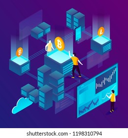 Vector concept illustration -  cryptocurrency trading process, people making money. Modern bright banner template with place for your text.