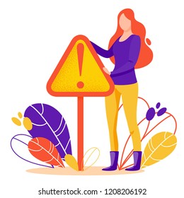 Vector concept illustration of danger or error sign in flat style. Woman with exclamation point sign