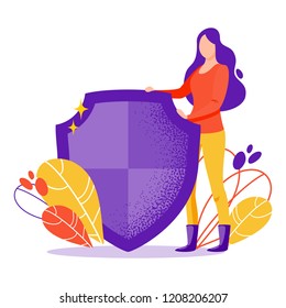 Vector concept illustration of data protection and safe internet technologies in flat style. Woman character with big shield