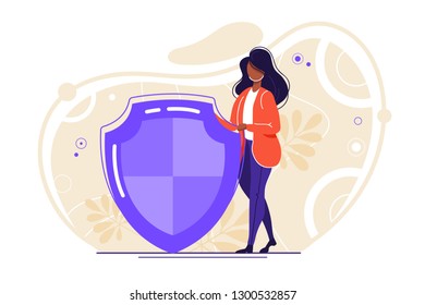 Vector concept illustration of data protection and safe internet technologies in flat style. Woman character with big shield