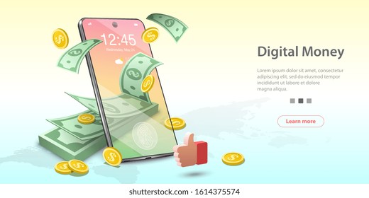 Vector Concept Illustration of Digital Money, Mobile Banking, Online Wallet. Template for website landing page.