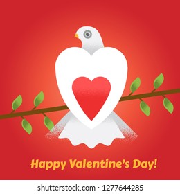 Vector concept illustration of dove with heart on branch on a blue backround. Happy Valentine's Day Card