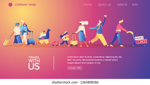 Vector concept illustration drawn with vivid gradients and flat travelers characters. Families and couples going to aircraft with luggage and kids