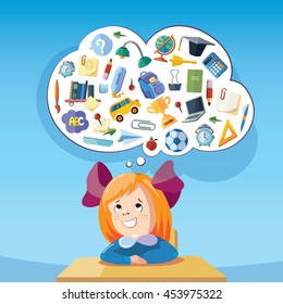 vector concept illustration of Dreaming school girl at the desk