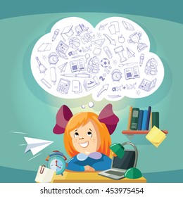 vector concept illustration of Dreaming school girl at the desk