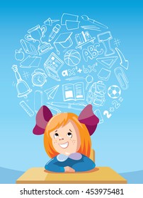 vector concept illustration of Dreaming school girl at the desk